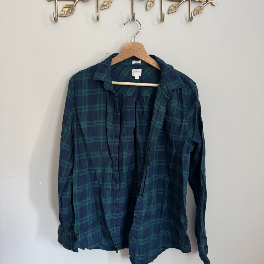 J.Crew Navy and Green Plaid Boy Fit Shirt - Size Large
